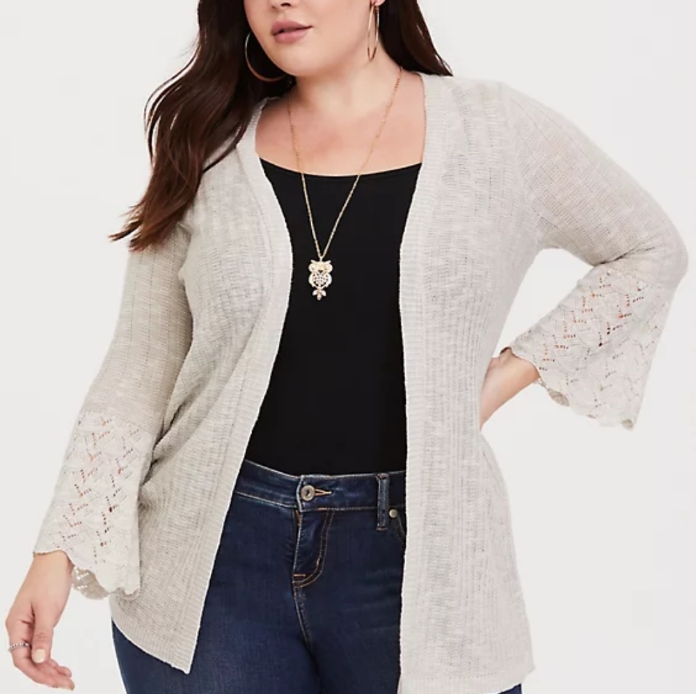 Torrid Grey Bell Sleeve Pointelle Cardigan